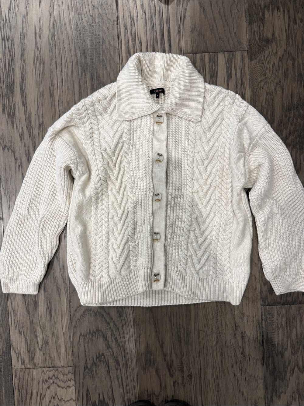 Cable-Knit Collared Button-Up Sweater - Cream